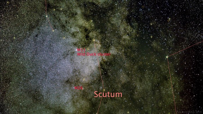 M11 (the Wild Duck Cluster) and M26 in Scutum annotated